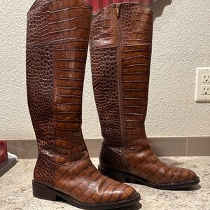 Brown Crocodile Pattern Knee-High Boots